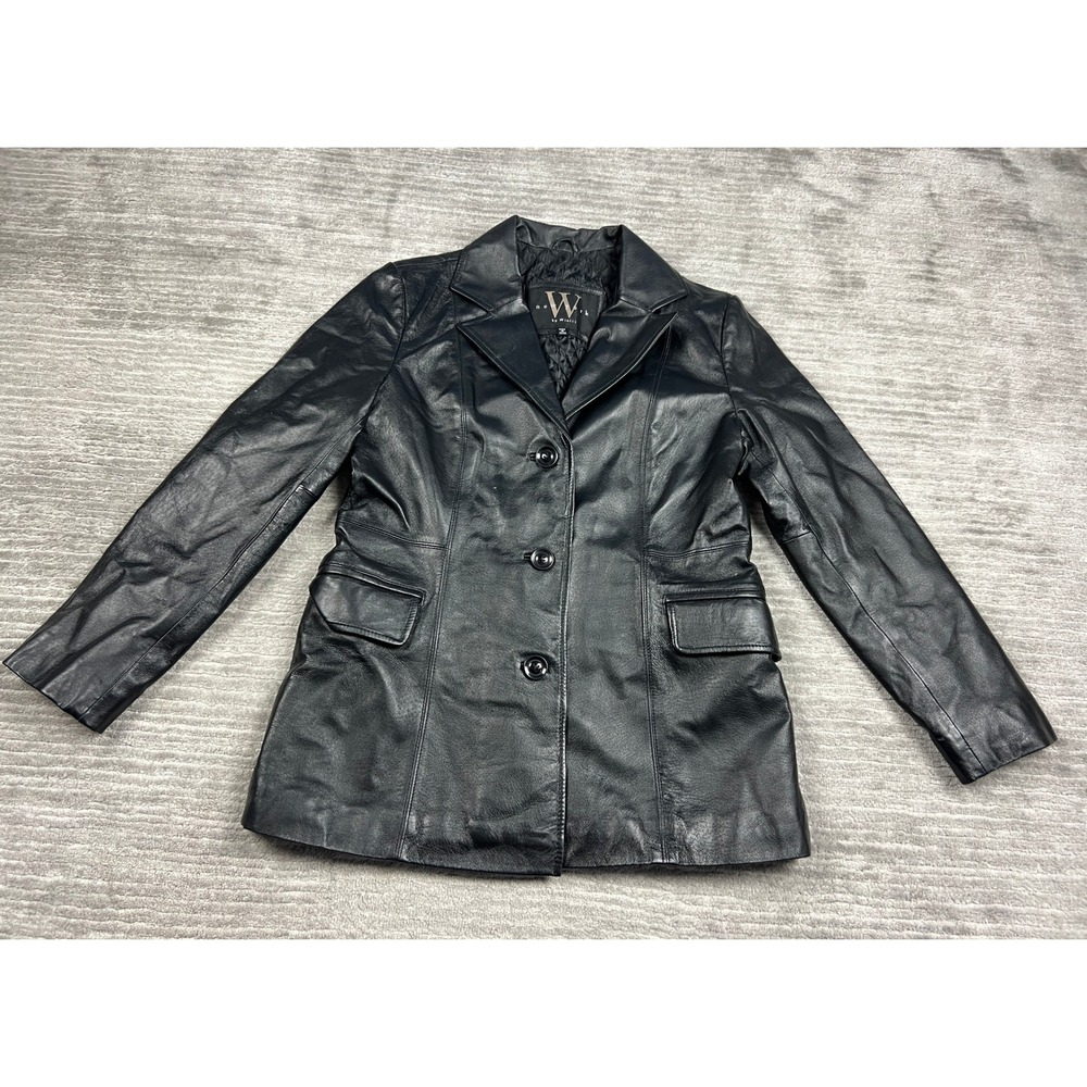 W by Winlit Leather Blazer Womens M Black Button Front Quilted Lined Car Coat